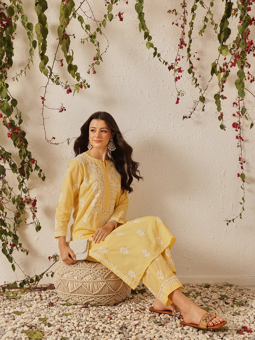 Ada Hand Embroidered Yellow Cotton Lucknowi Chikankari Kurta Set A811370