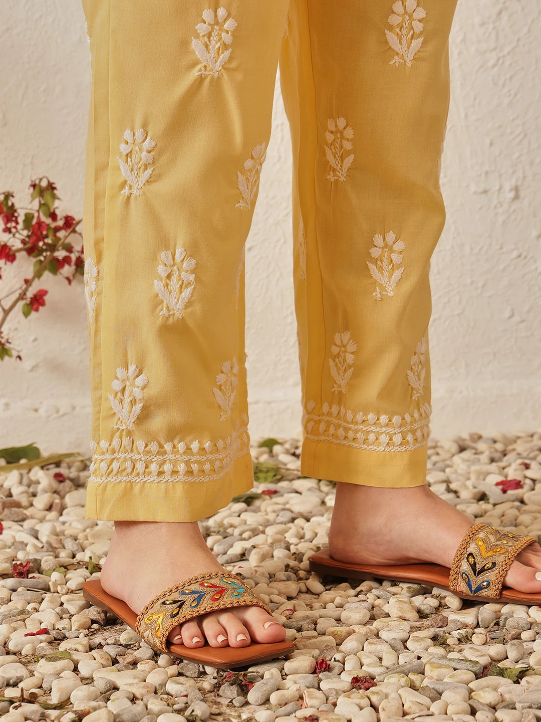 Ada Hand Embroidered Yellow Cotton Lucknowi Chikankari Kurta Set A811370