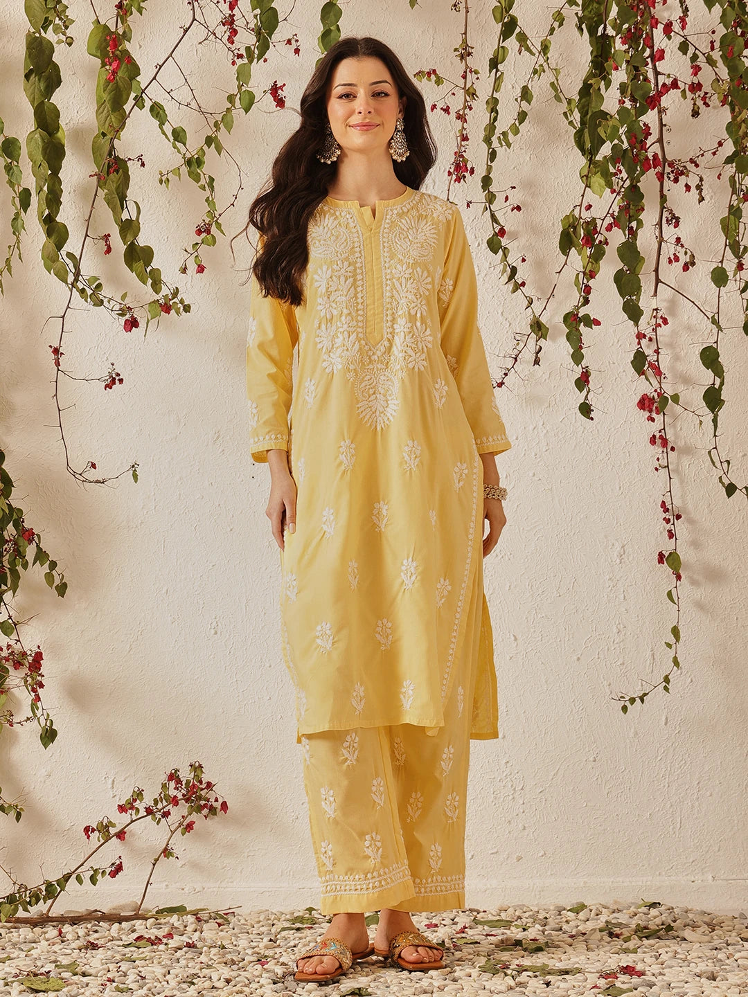Ada Hand Embroidered Yellow Cotton Lucknowi Chikankari Kurta Set A811370