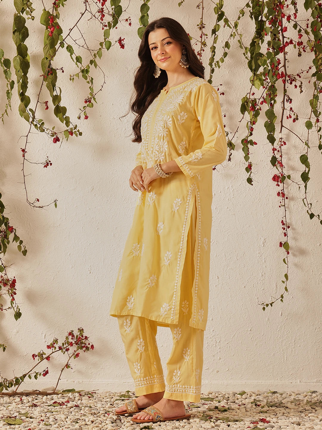 Ada Hand Embroidered Yellow Cotton Lucknowi Chikankari Kurta Set A811370