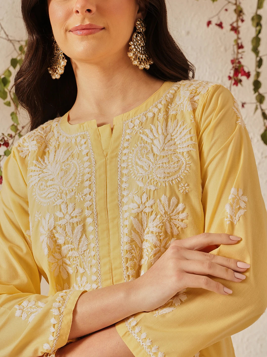 Ada Hand Embroidered Yellow Cotton Lucknowi Chikankari Kurta Set A811370