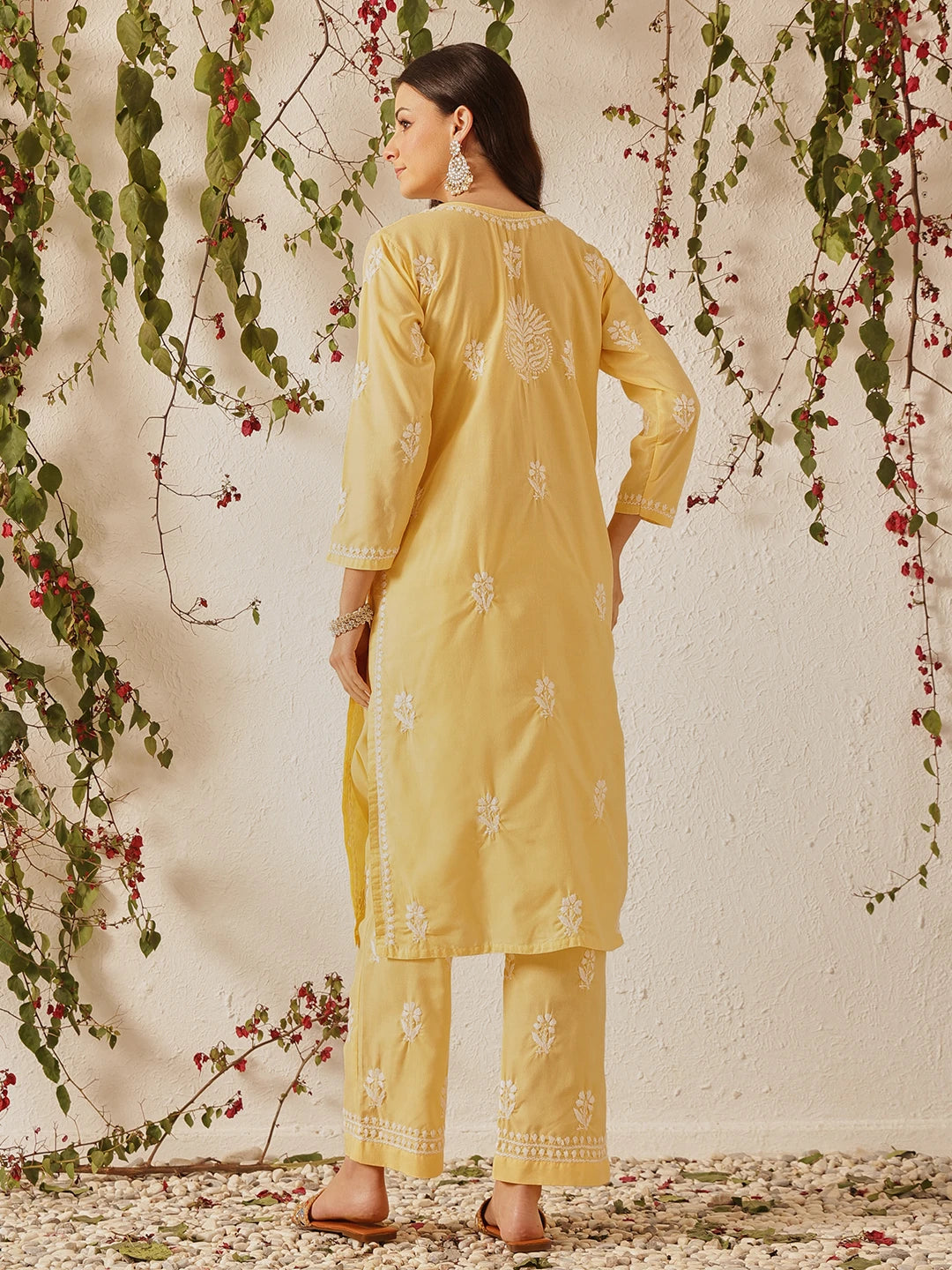 Ada Hand Embroidered Yellow Cotton Lucknowi Chikankari Kurta Set A811370