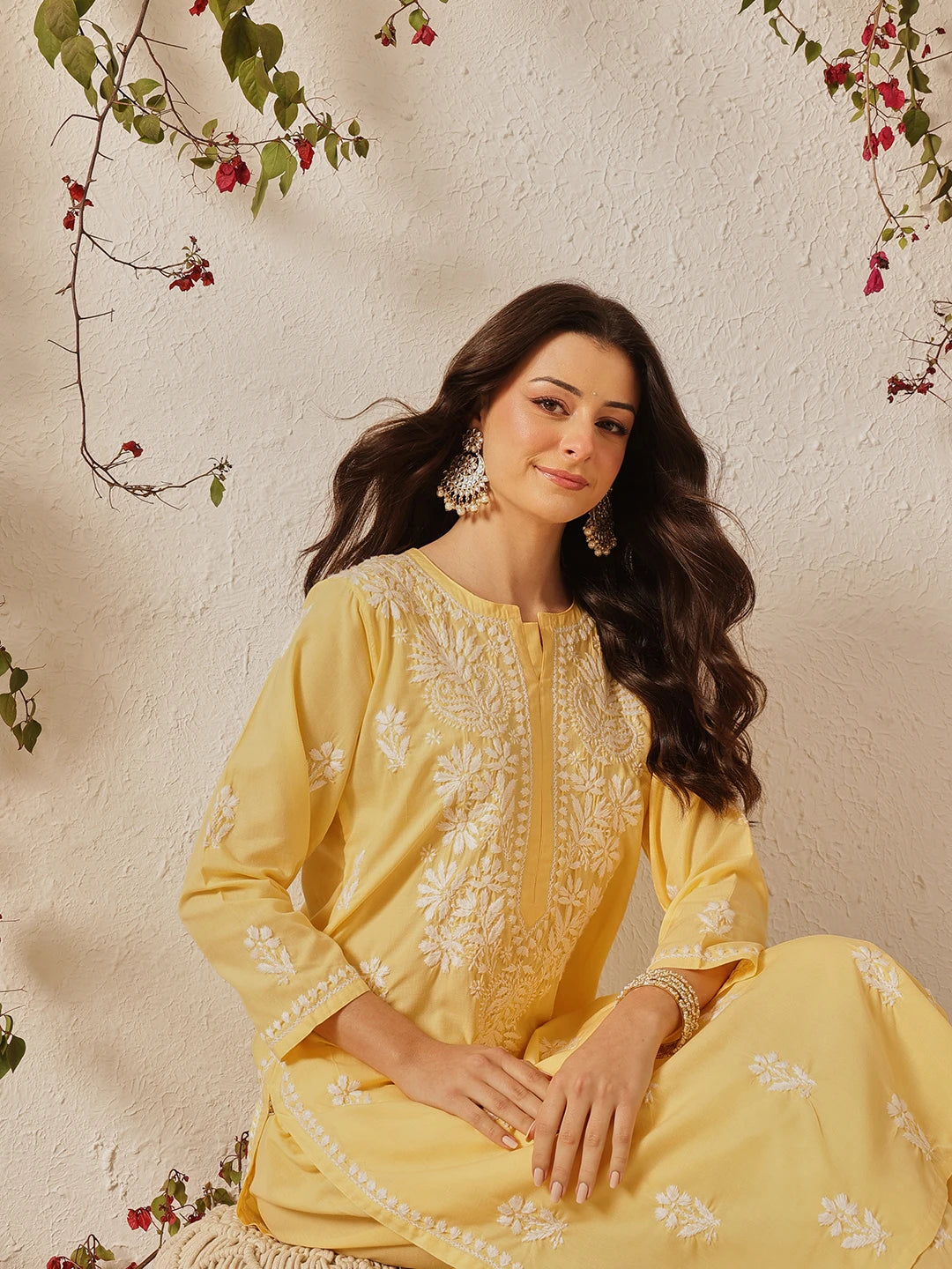 Ada Hand Embroidered Yellow Cotton Lucknowi Chikankari Kurta Set A811370