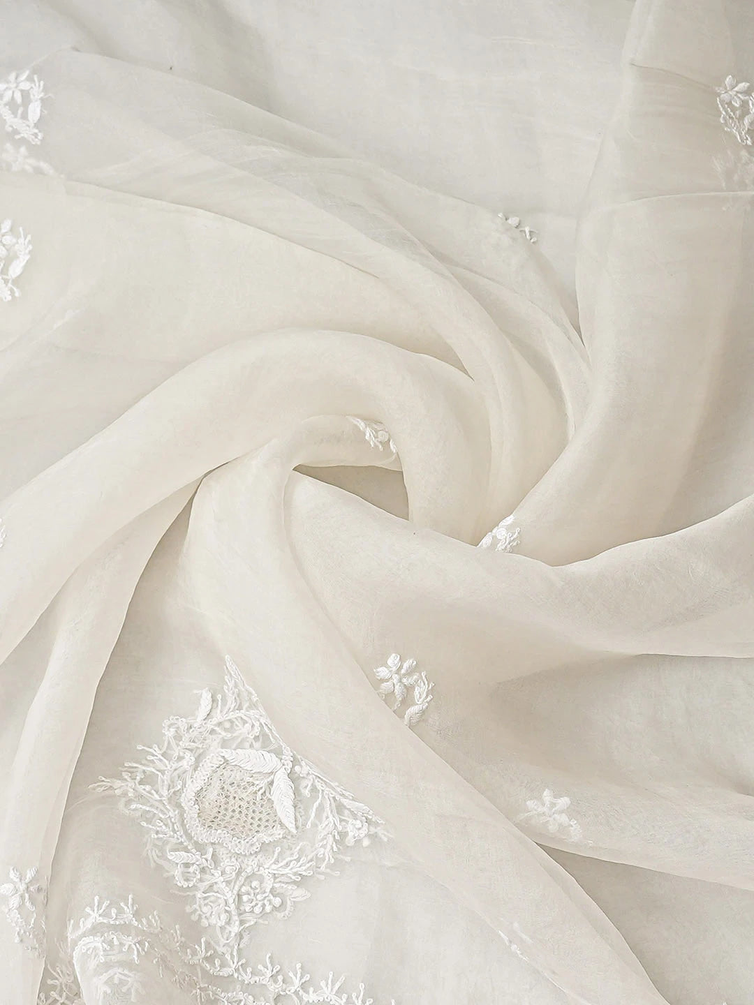 Ada Hand Embroidered White Organza Lucknowi Chikankari Unstitched Kurta Dupatta Set 01A937463