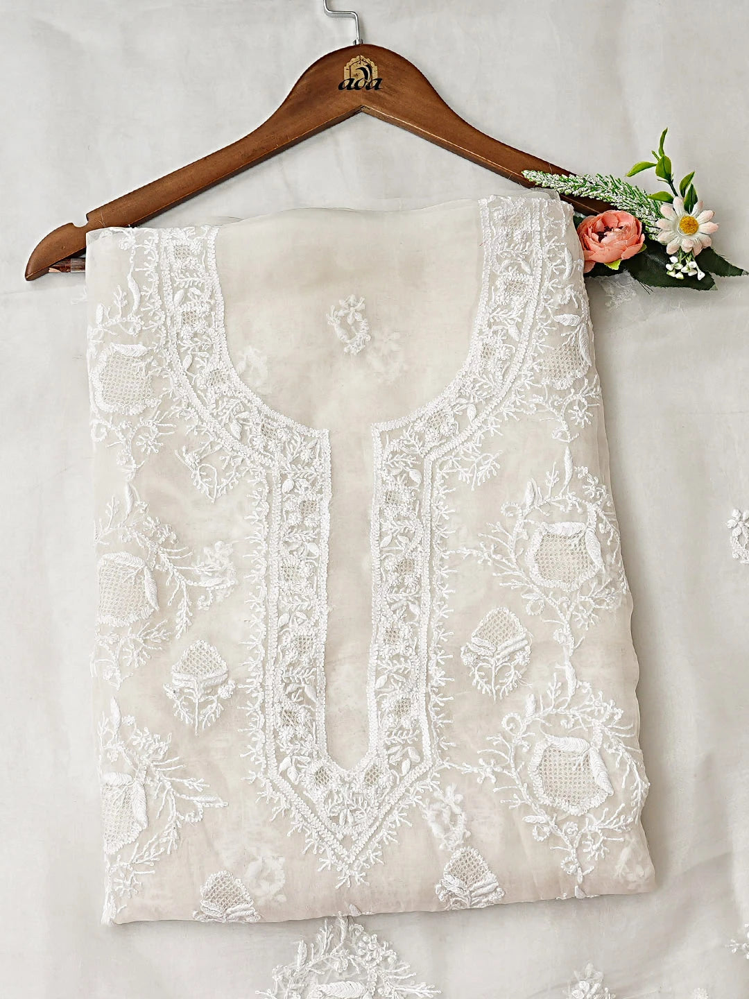 Ada Hand Embroidered White Organza Lucknowi Chikankari Unstitched Kurta Dupatta Set 01A937463