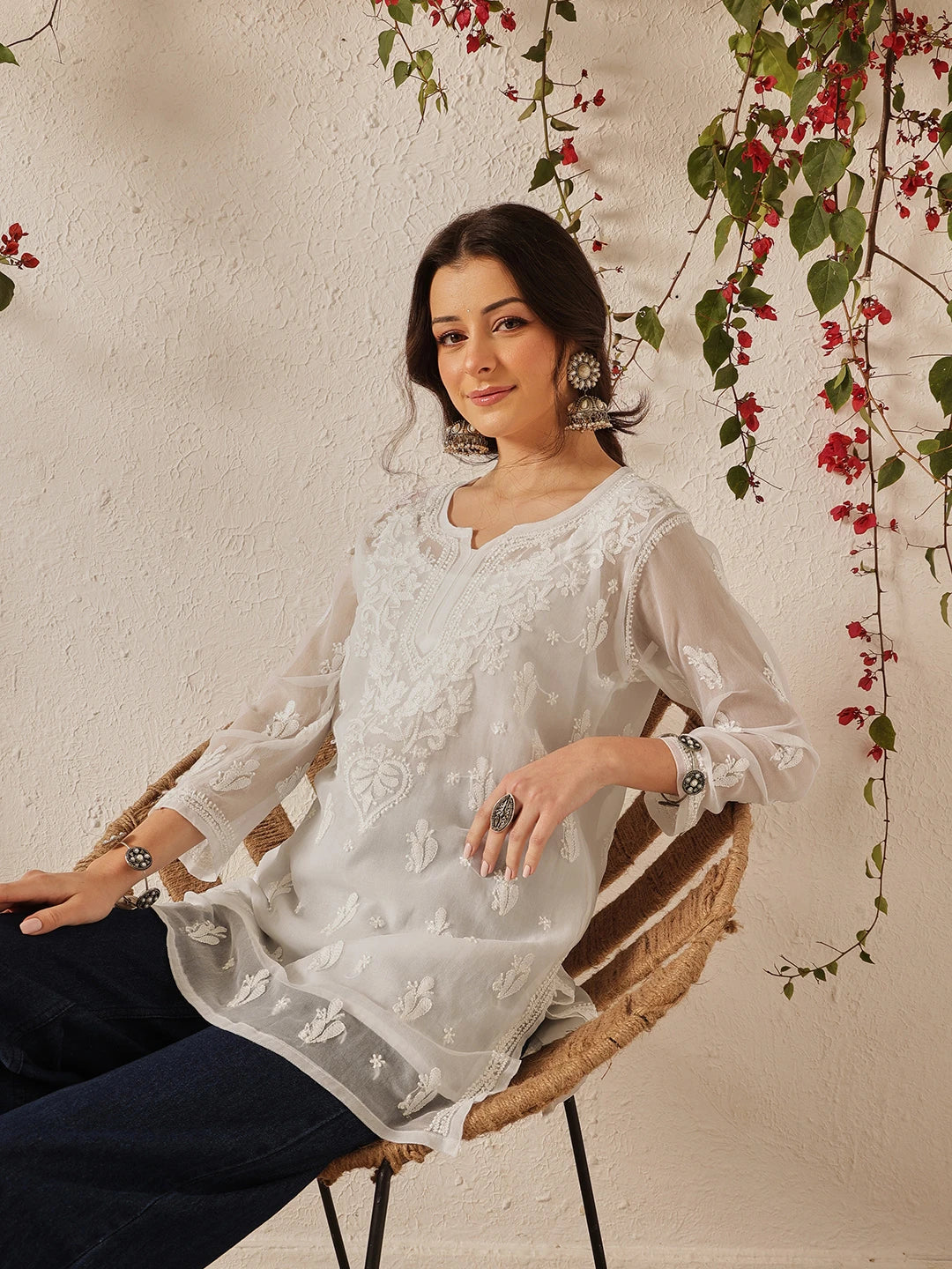 Ada Hand Embroidered White Georgette Lucknow Chikan Kurti with slip A911559