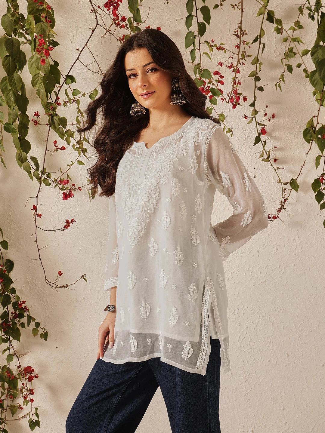 Ada Hand Embroidered White Georgette Lucknow Chikan Kurti with slip A911559