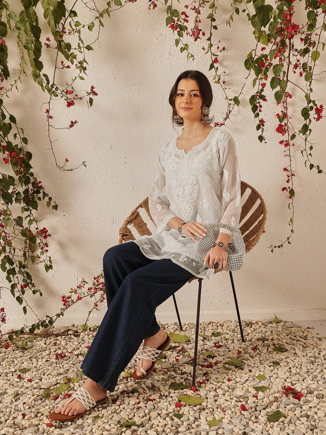 Ada Hand Embroidered White Georgette Lucknow Chikan Kurti with slip A911559