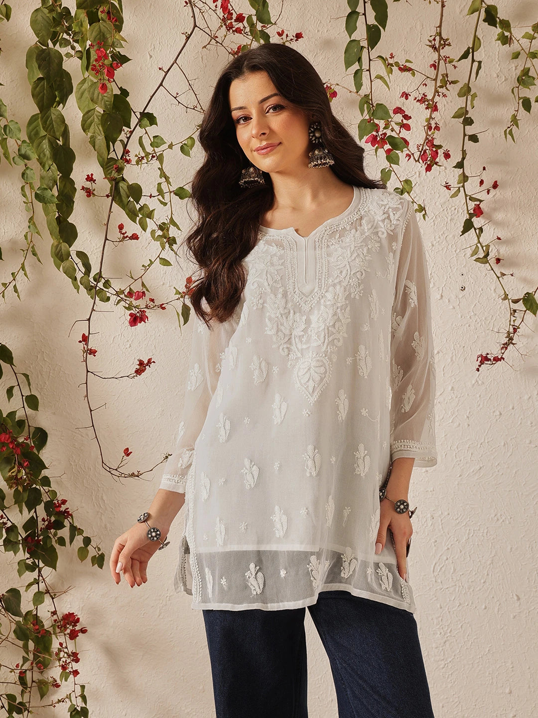 Ada Hand Embroidered White Georgette Lucknow Chikan Kurti with slip A911559