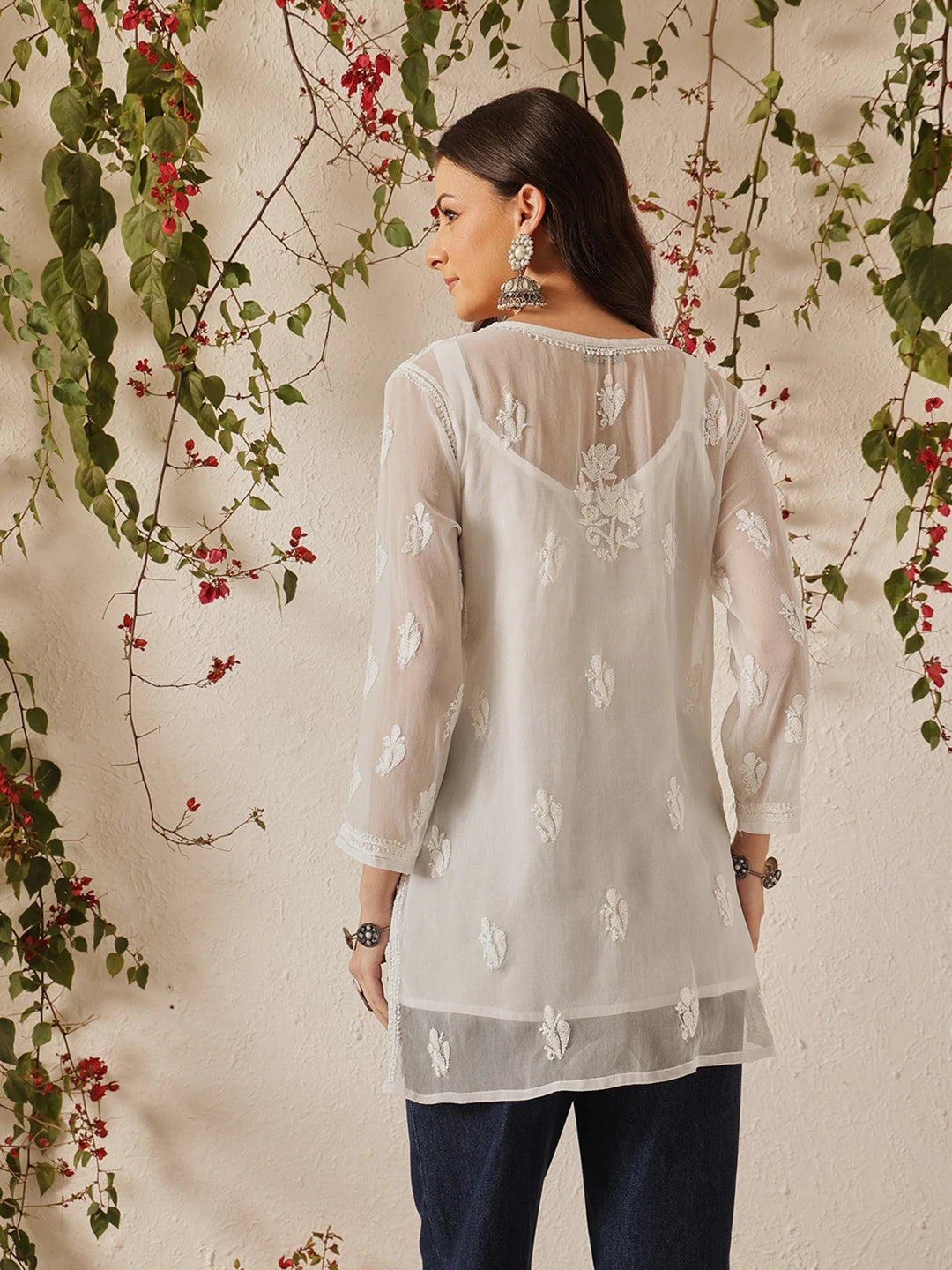 Ada Hand Embroidered White Georgette Lucknow Chikan Kurti with slip A911559
