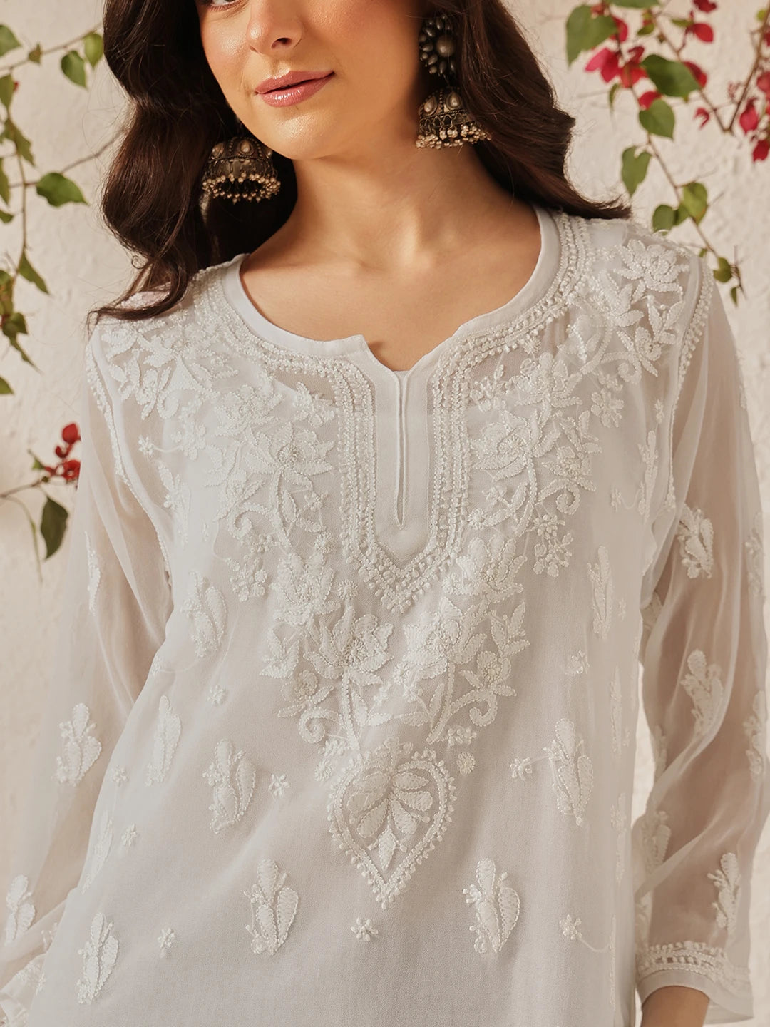Ada Hand Embroidered White Georgette Lucknow Chikan Kurti with slip A911559
