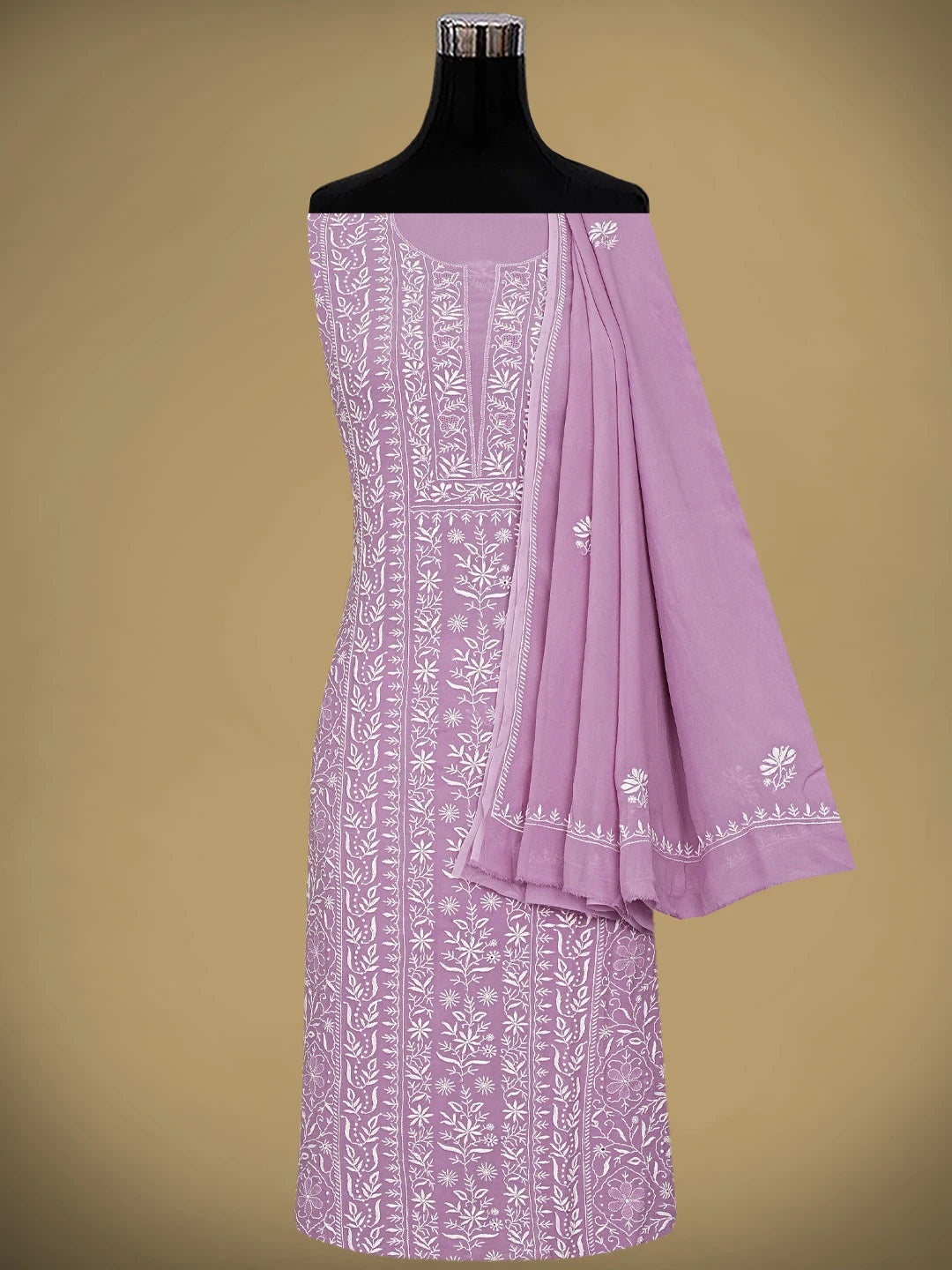 Ada Hand Embroidered Mauve Viscose Georgette Lucknowi Chikankari Unstitched Kurta Dupatta Set 01A873600