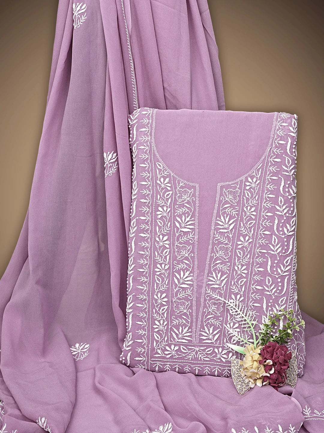 Ada Hand Embroidered Mauve Viscose Georgette Lucknowi Chikankari Unstitched Kurta Dupatta Set 01A873600