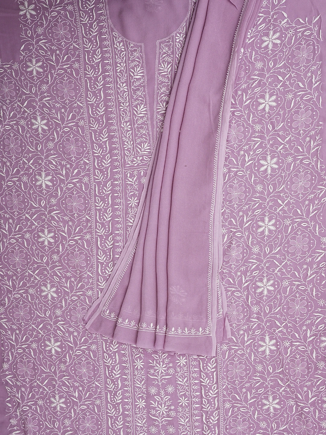 Ada Hand Embroidered Mauve Viscose Georgette Lucknowi Chikankari Unstitched Kurta Dupatta Set 01A873600