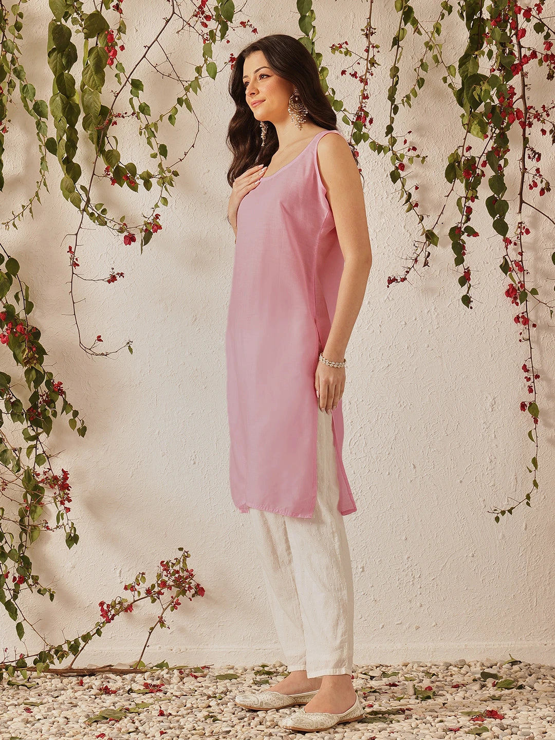 Ada Hand Embroidered Pink Kota Lucknow Chikankari Straight Kurta With Slip A411213