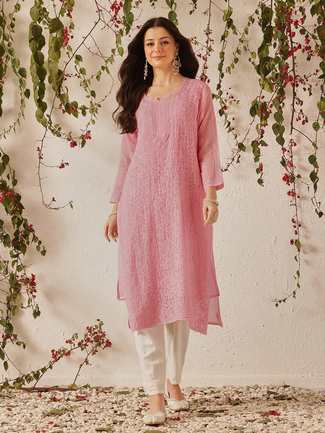 Ada Hand Embroidered Pink Kota Lucknow Chikankari Straight Kurta With Slip A411213