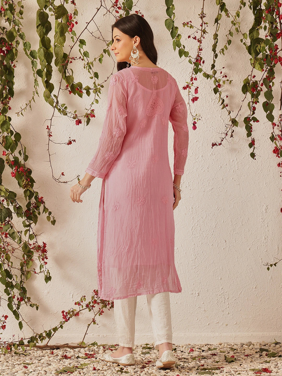 Ada Hand Embroidered Pink Kota Lucknow Chikankari Straight Kurta With Slip A411213
