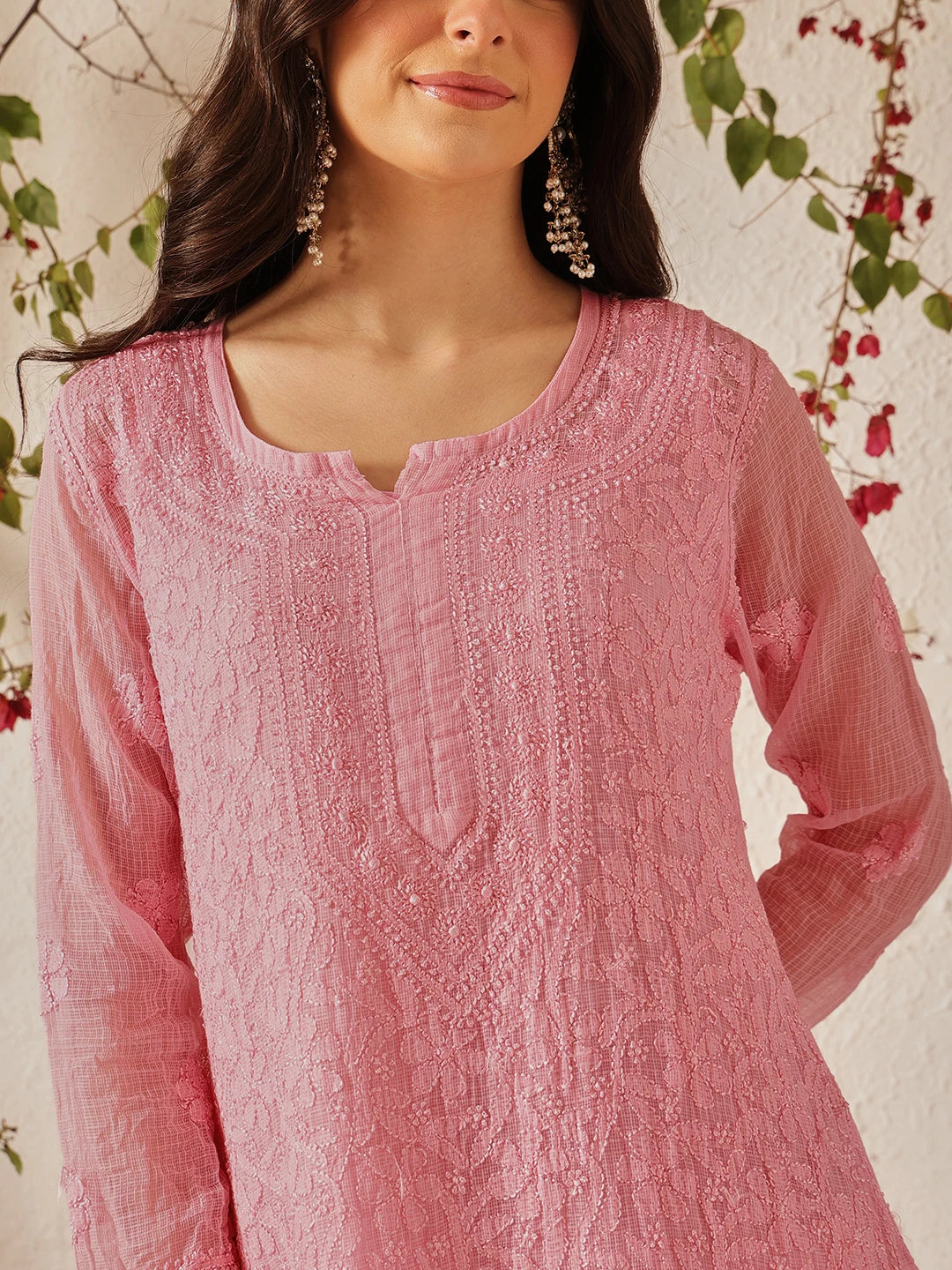 Ada Hand Embroidered Pink Kota Lucknow Chikankari Straight Kurta With Slip A411213