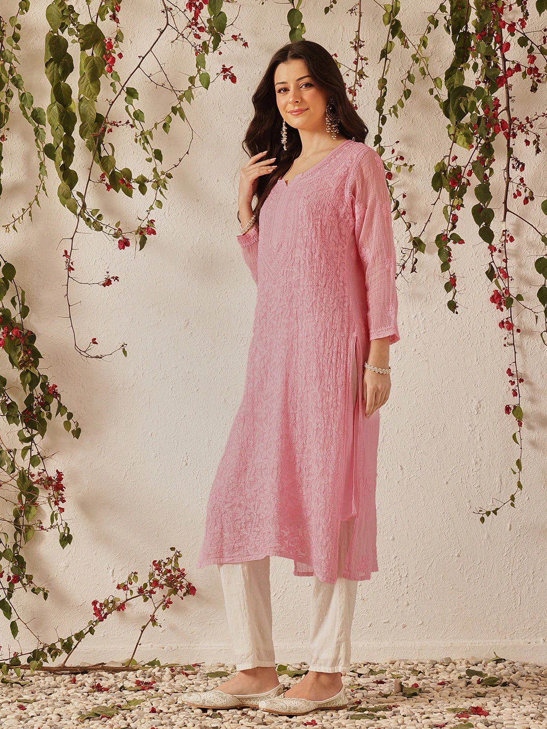 Ada Hand Embroidered Pink Kota Lucknow Chikankari Straight Kurta With Slip A411213