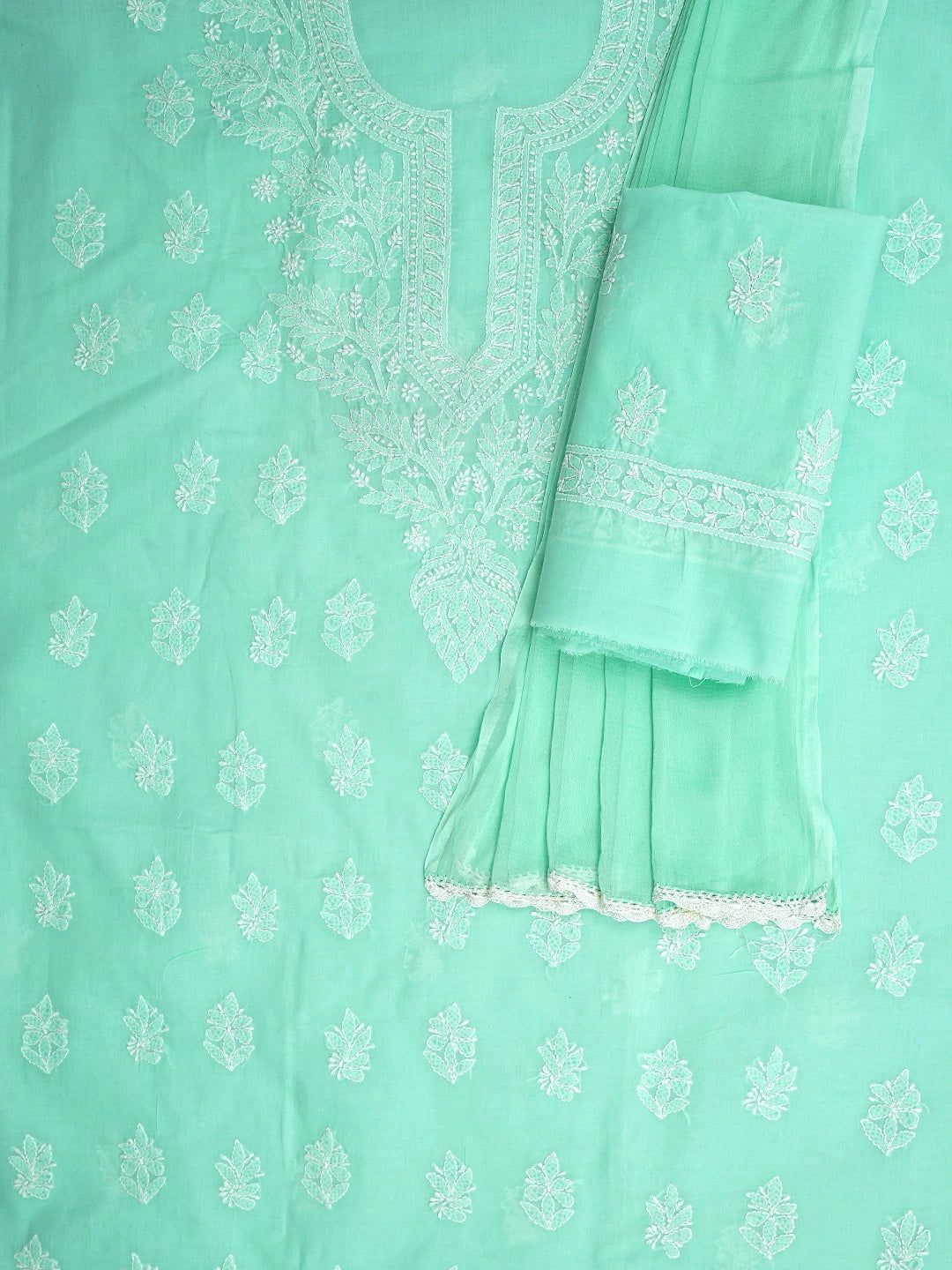 Ada Hand Embroidered Seafoam Green Cotton Lucknowi Chikankari Unstitched Suit Piece 01A592267