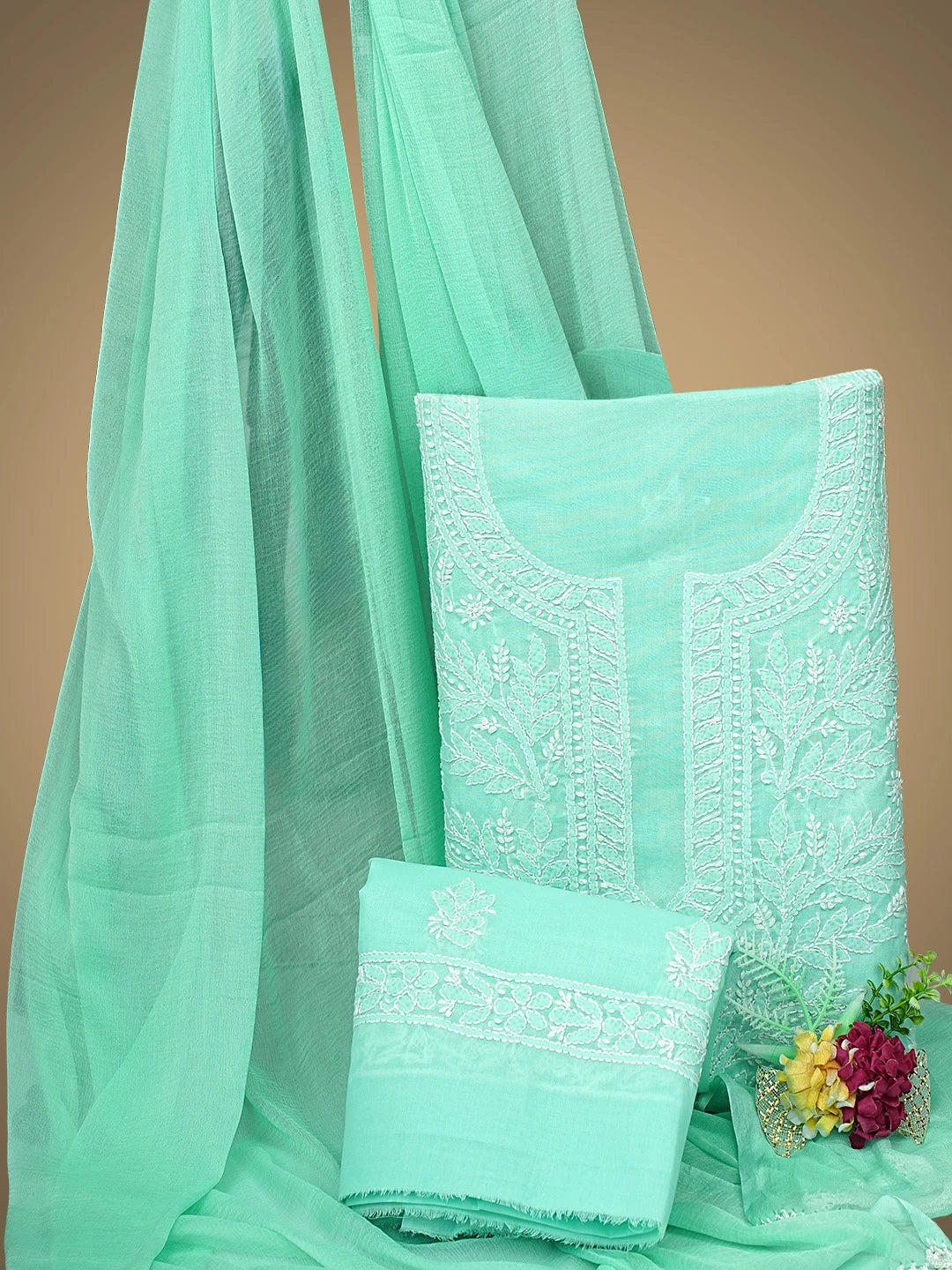 Ada Hand Embroidered Seafoam Green Cotton Lucknowi Chikankari Unstitched Suit Piece 01A592267