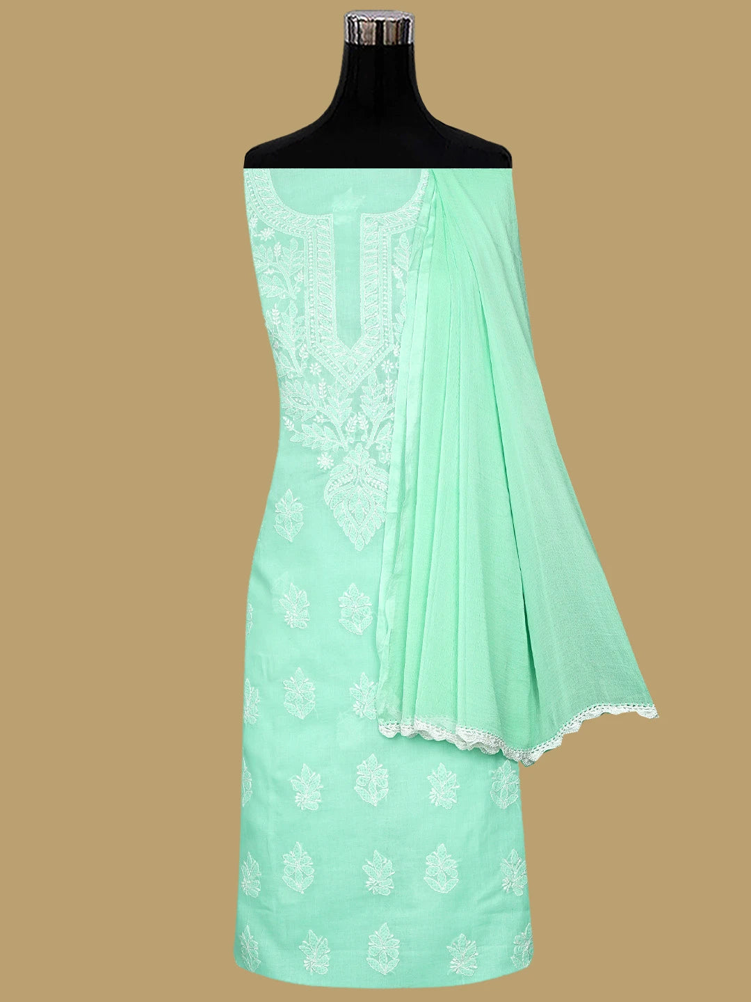 Ada Hand Embroidered Seafoam Green Cotton Lucknowi Chikankari Unstitched Suit Piece 01A592267