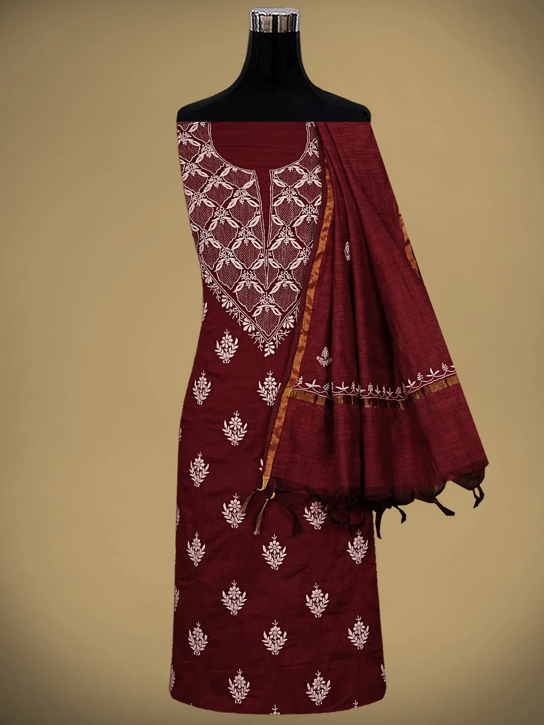 Ada Hand Embroidered Maroon Cotton Lucknowi Chikankari Unstitched Suit Piece 01A780646