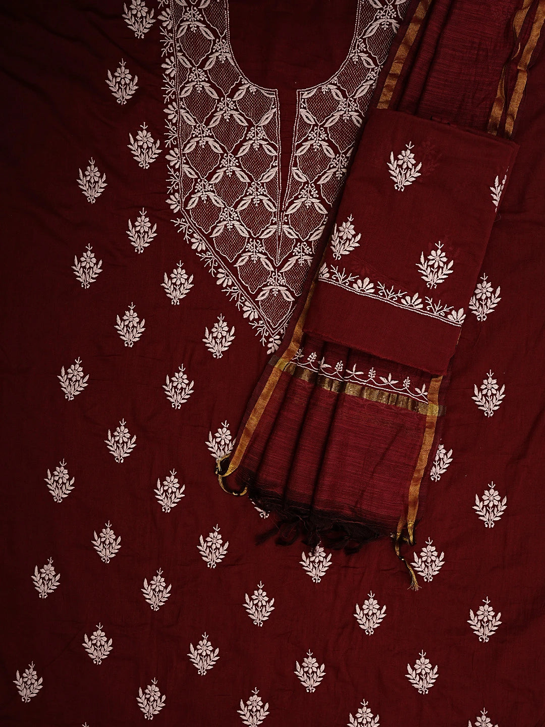 Ada Hand Embroidered Maroon Cotton Lucknowi Chikankari Unstitched Suit Piece 01A780646