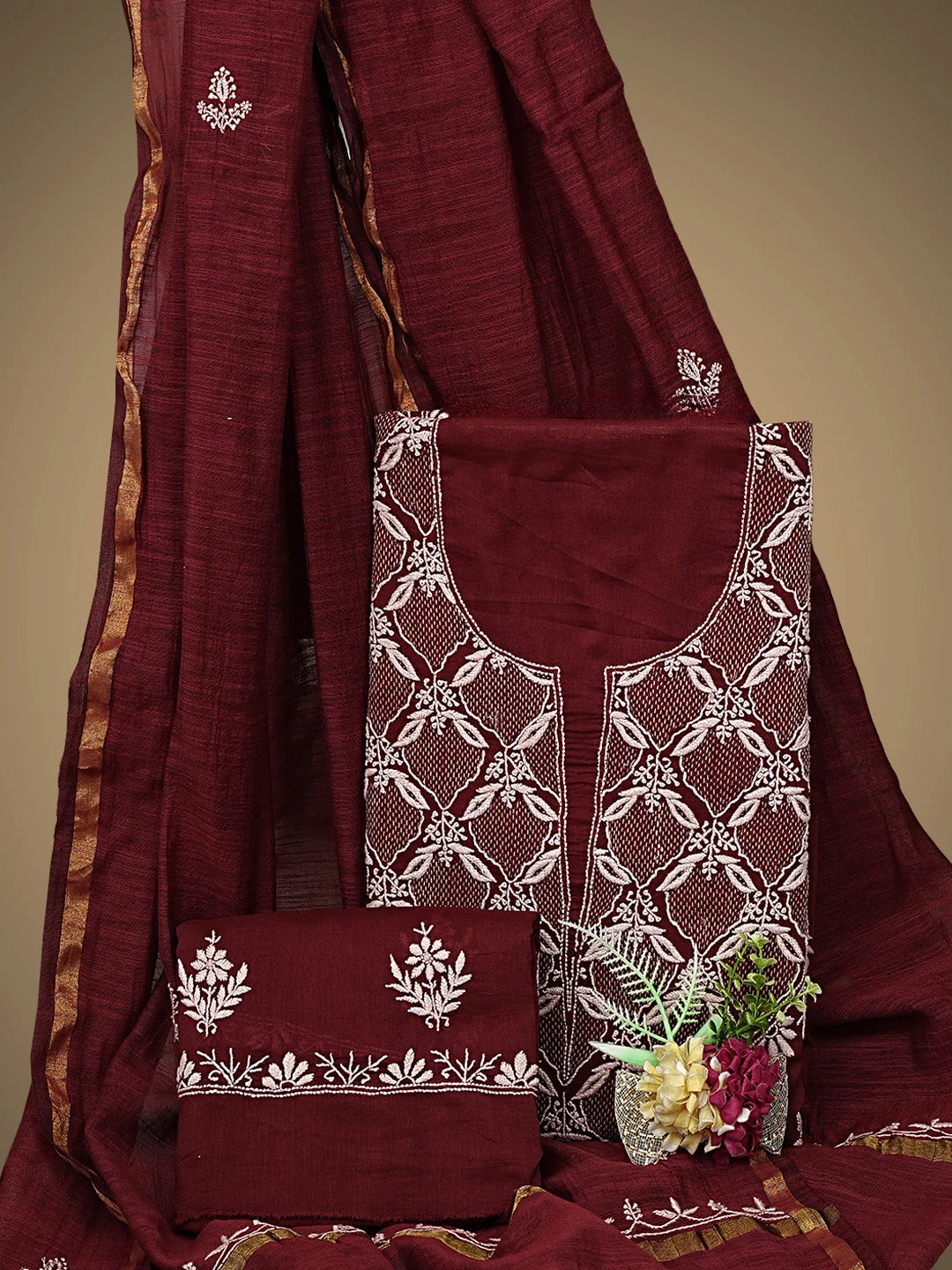 Ada Hand Embroidered Maroon Cotton Lucknowi Chikankari Unstitched Suit Piece 01A780646