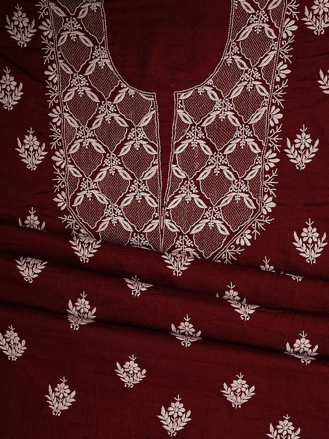 Ada Hand Embroidered Maroon Cotton Lucknowi Chikankari Unstitched Suit Piece 01A780646
