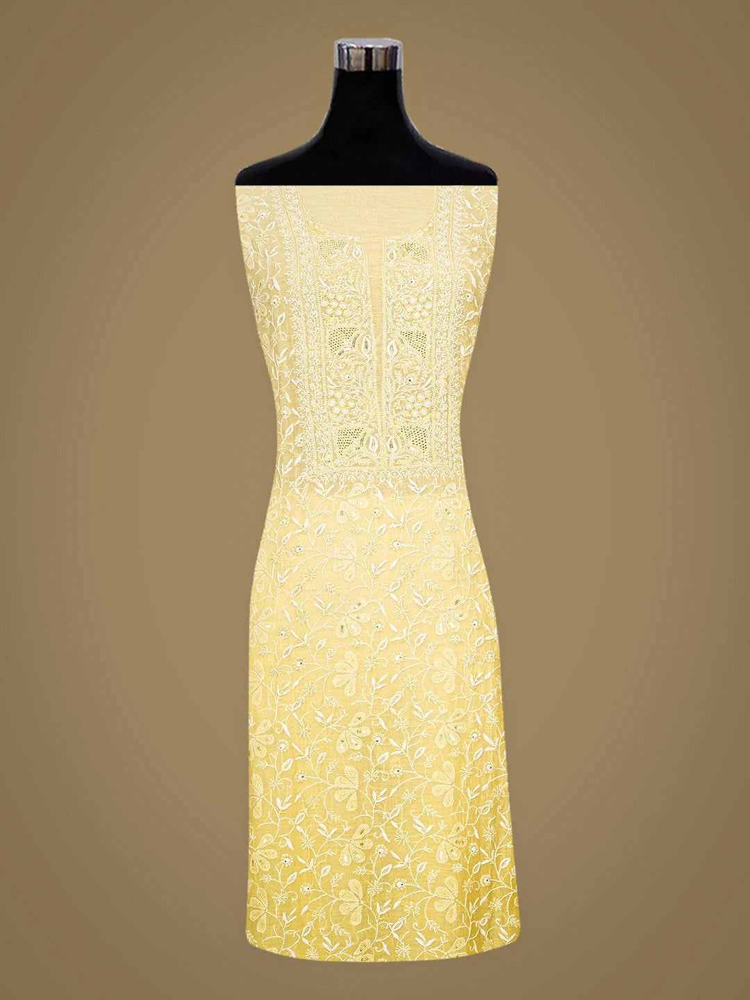 Ada Hand Embroidered Lemon Chanderi Lucknowi Chikankari Unstitched Kurta Dupatta Set With Cutdana Work 01A421453