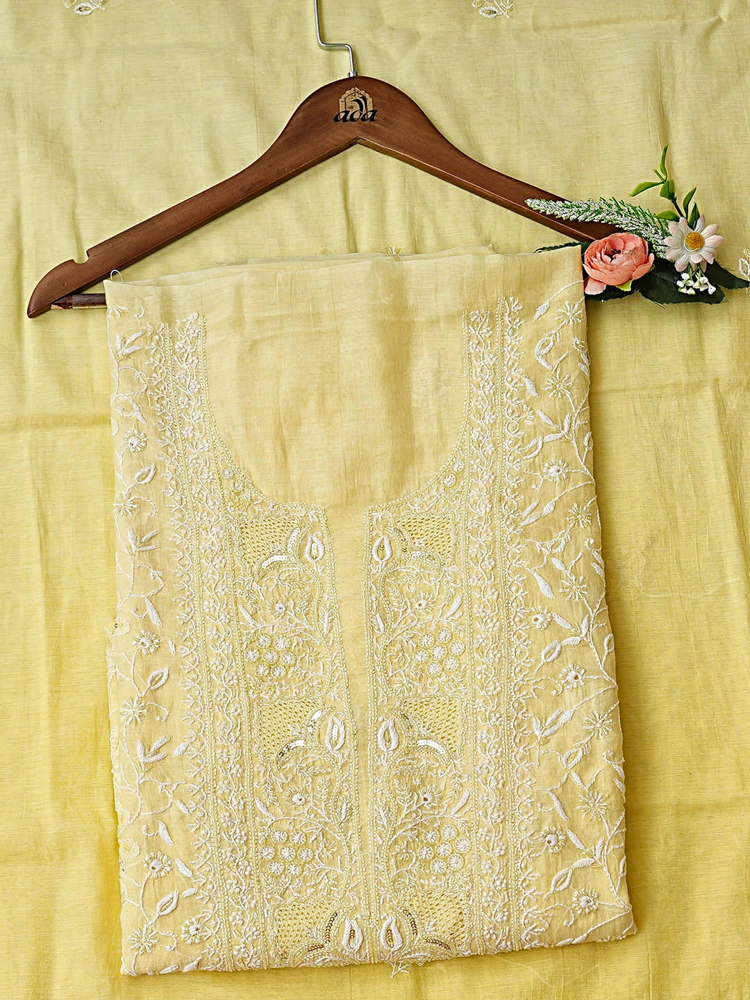 Ada Hand Embroidered Lemon Chanderi Lucknowi Chikankari Unstitched Kurta Dupatta Set With Cutdana Work 01A421453