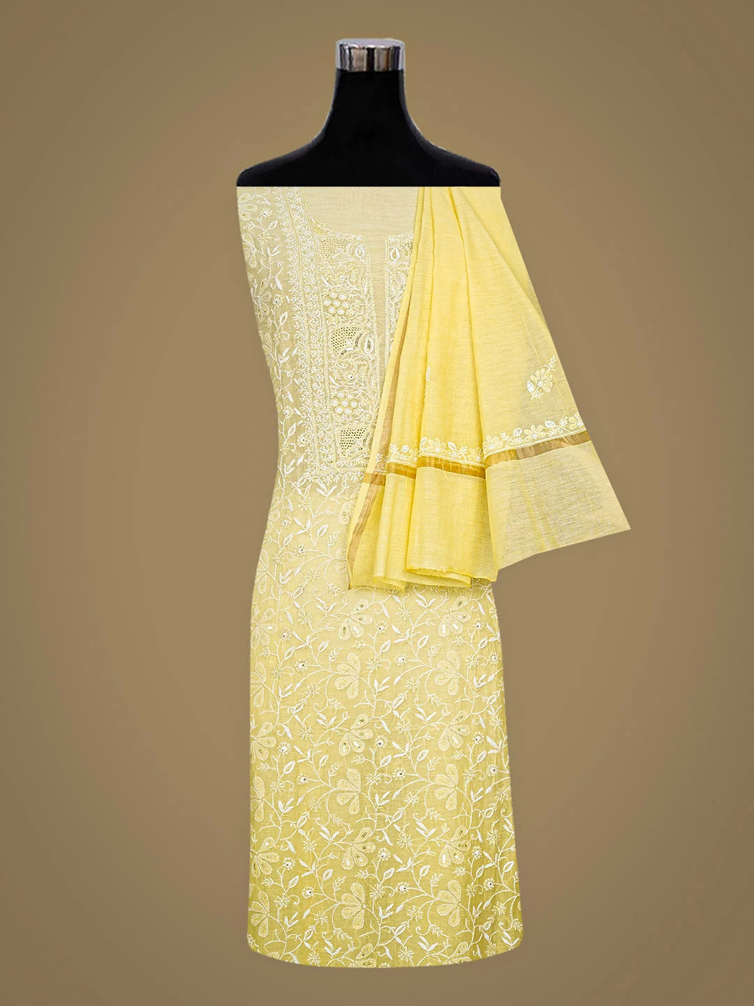 Ada Hand Embroidered Lemon Chanderi Lucknowi Chikankari Unstitched Kurta Dupatta Set With Cutdana Work 01A421453
