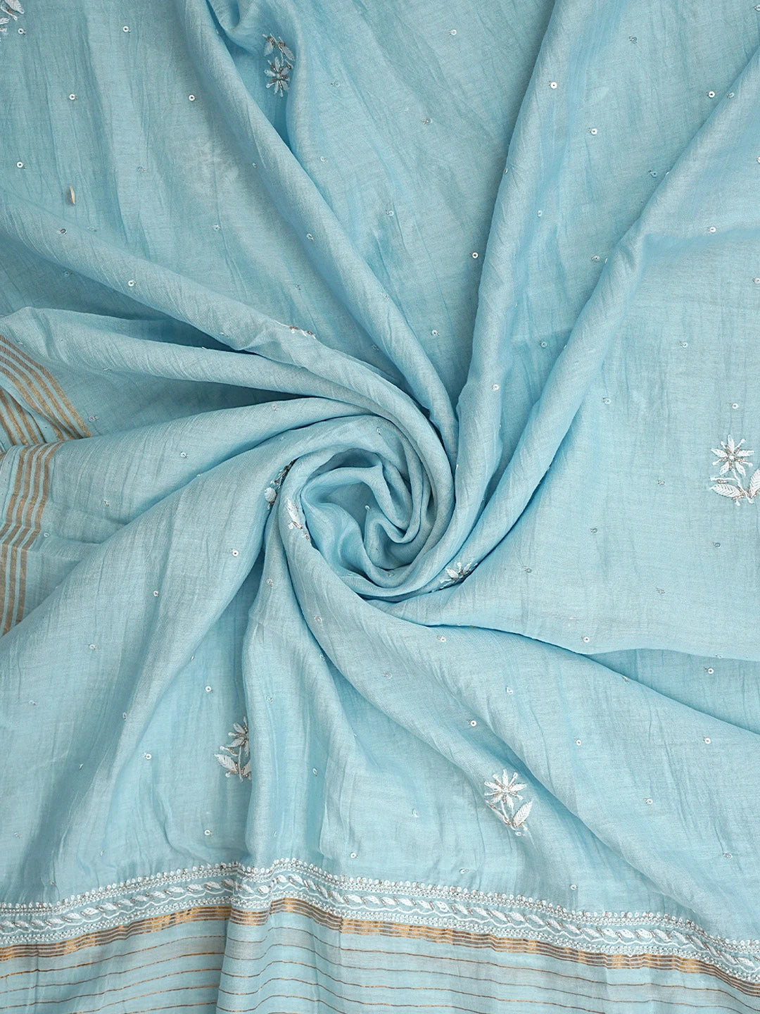 Ada Hand Embroidered Baby Blue Chanderi Lucknowi Chikankari Unstitched Kurta Dupatta Set With Zari Work 01A537602