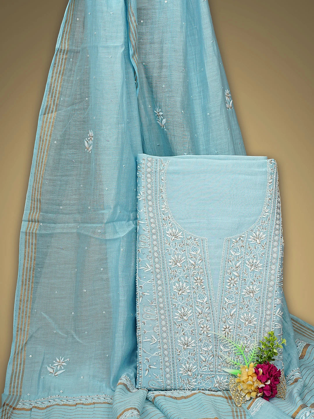 Ada Hand Embroidered Baby Blue Chanderi Lucknowi Chikankari Unstitched Kurta Dupatta Set With Zari Work 01A537602