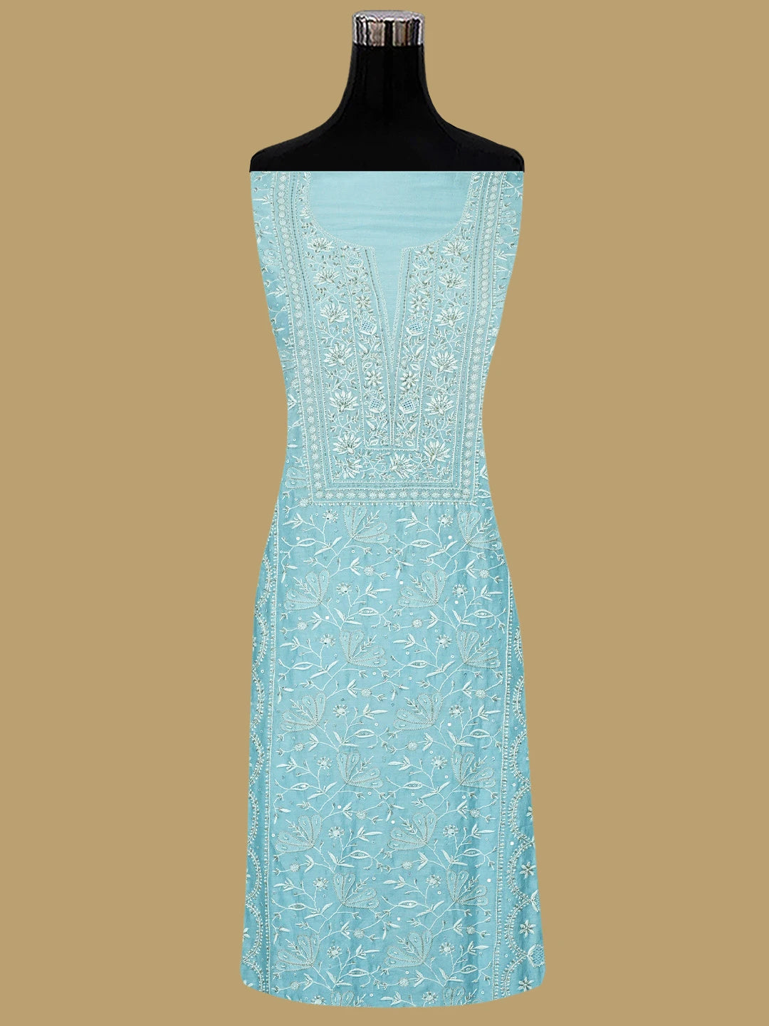 Ada Hand Embroidered Baby Blue Chanderi Lucknowi Chikankari Unstitched Kurta Dupatta Set With Zari Work 01A537602