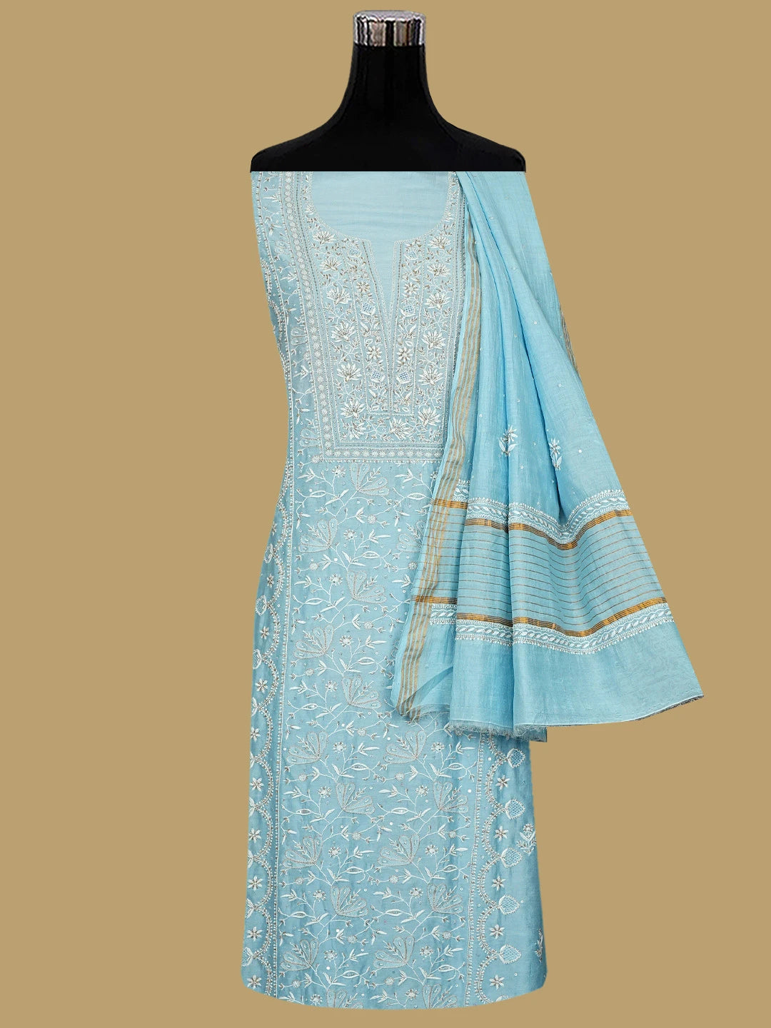 Ada Hand Embroidered Baby Blue Chanderi Lucknowi Chikankari Unstitched Kurta Dupatta Set With Zari Work 01A537602