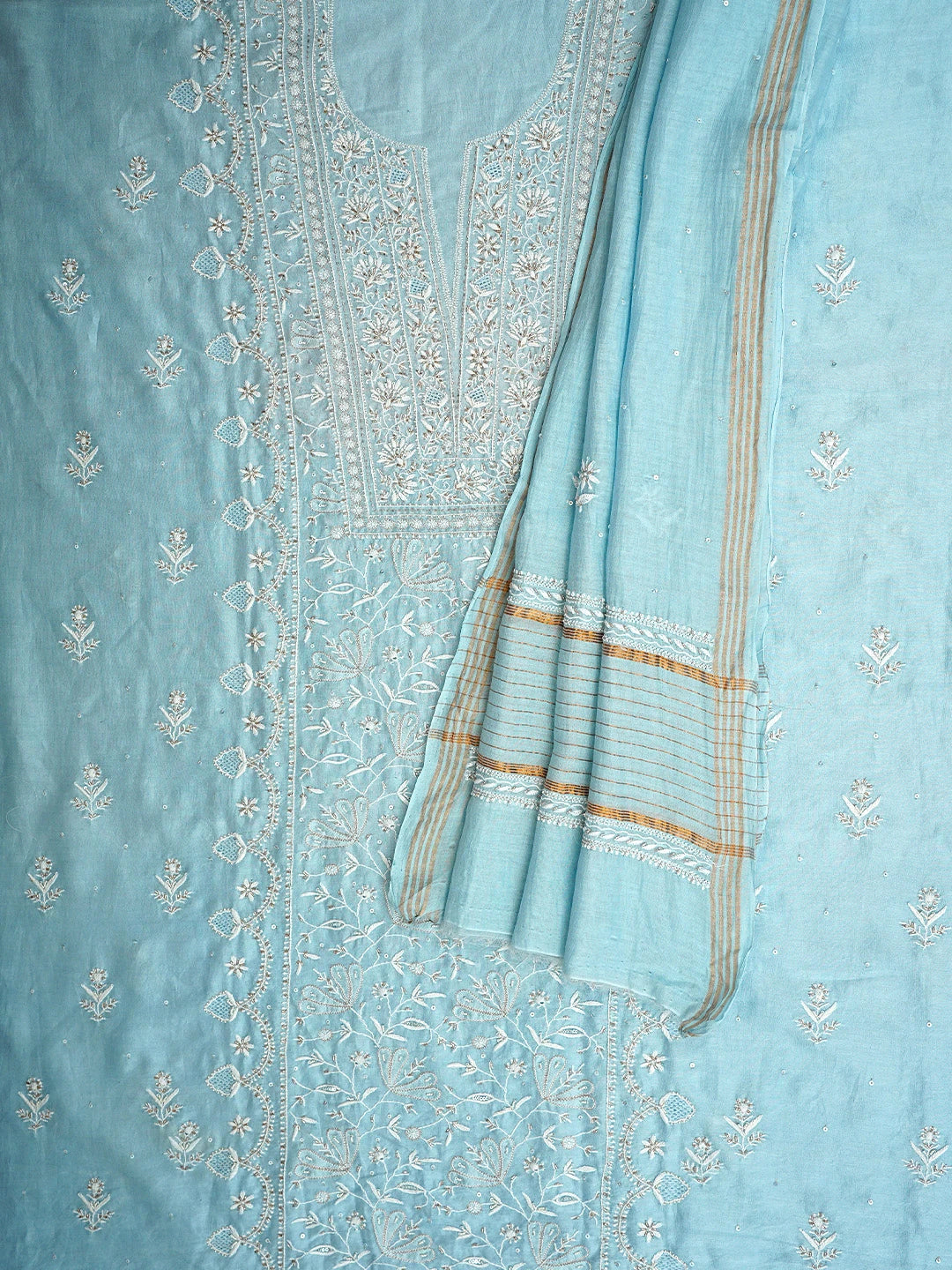 Ada Hand Embroidered Baby Blue Chanderi Lucknowi Chikankari Unstitched Kurta Dupatta Set With Zari Work 01A537602