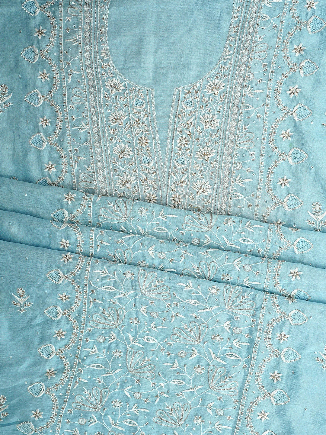 Ada Hand Embroidered Baby Blue Chanderi Lucknowi Chikankari Unstitched Kurta Dupatta Set With Zari Work 01A537602