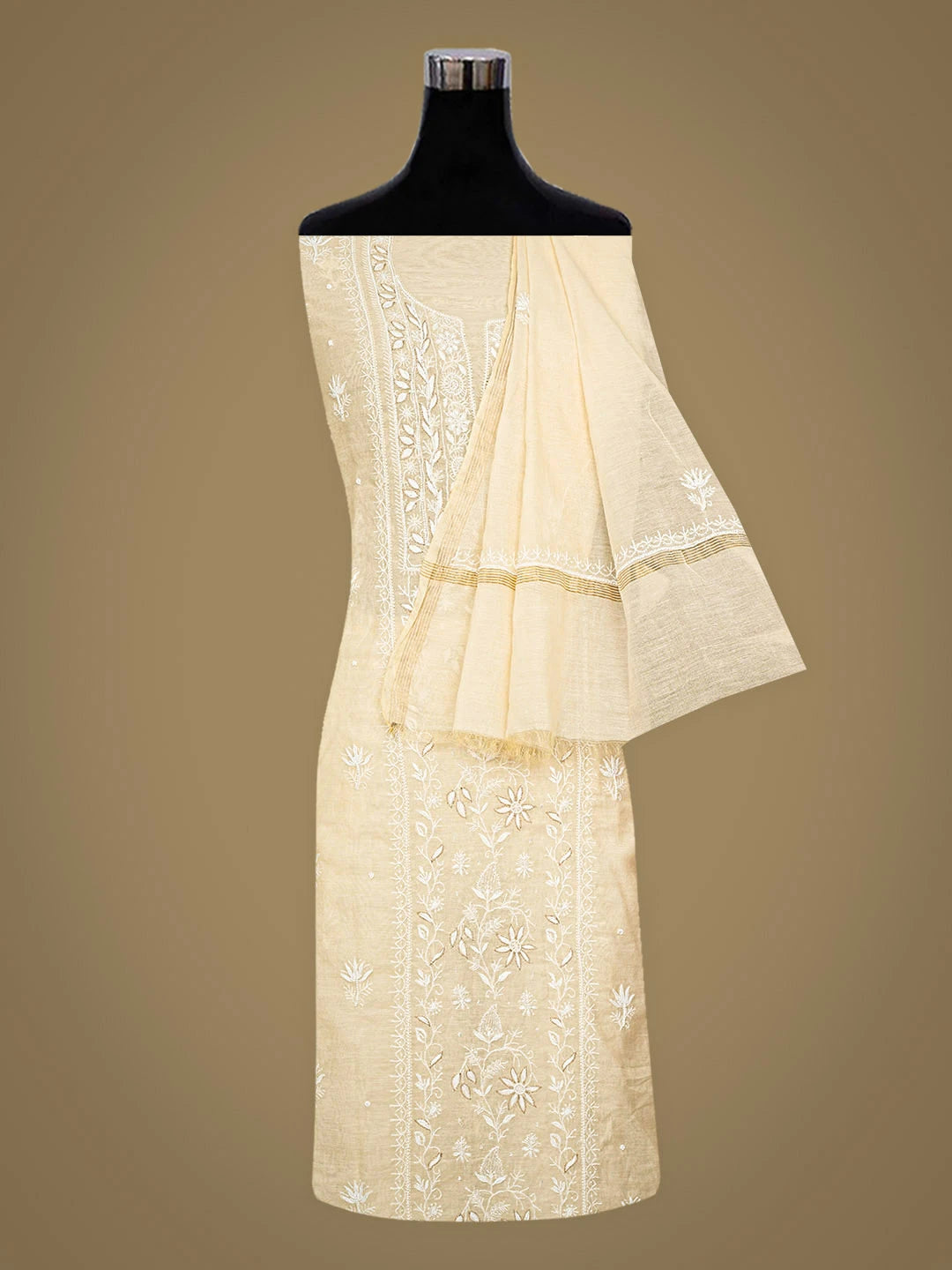Ada Hand Embroidered Cream Chanderi Lucknowi Chikankari Unstitched Kurta Dupatta Set With Pearl Work 01A757009