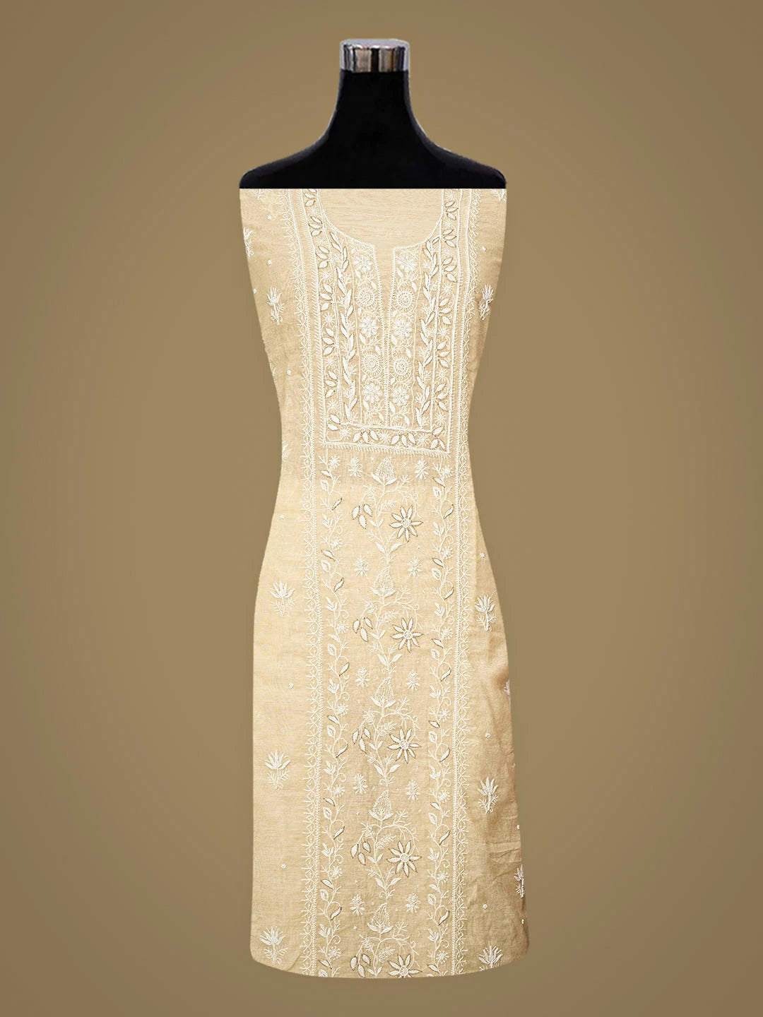 Ada Hand Embroidered Cream Chanderi Lucknowi Chikankari Unstitched Kurta Dupatta Set With Pearl Work 01A757009