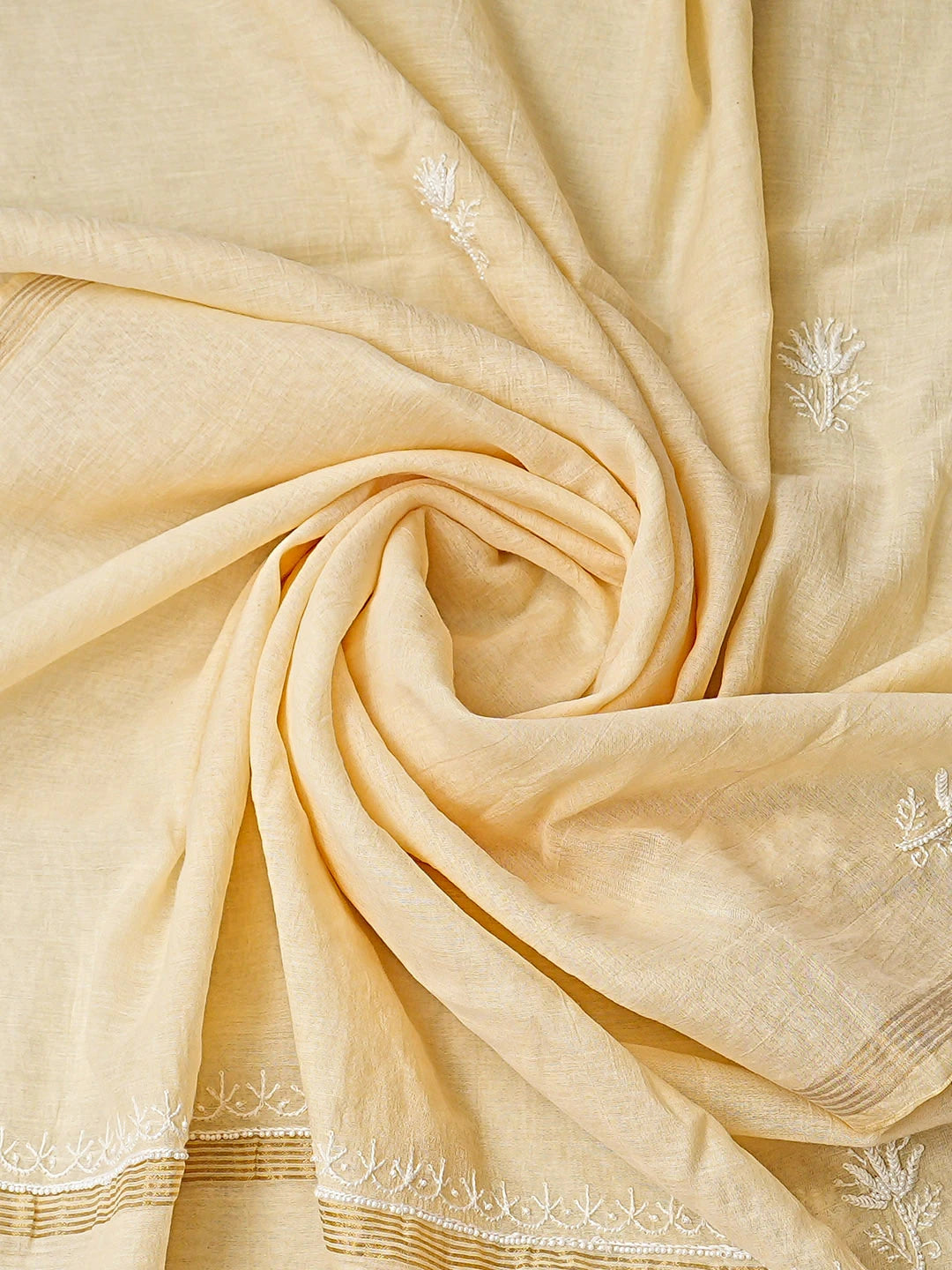 Ada Hand Embroidered Cream Chanderi Lucknowi Chikankari Unstitched Kurta Dupatta Set With Pearl Work 01A757009