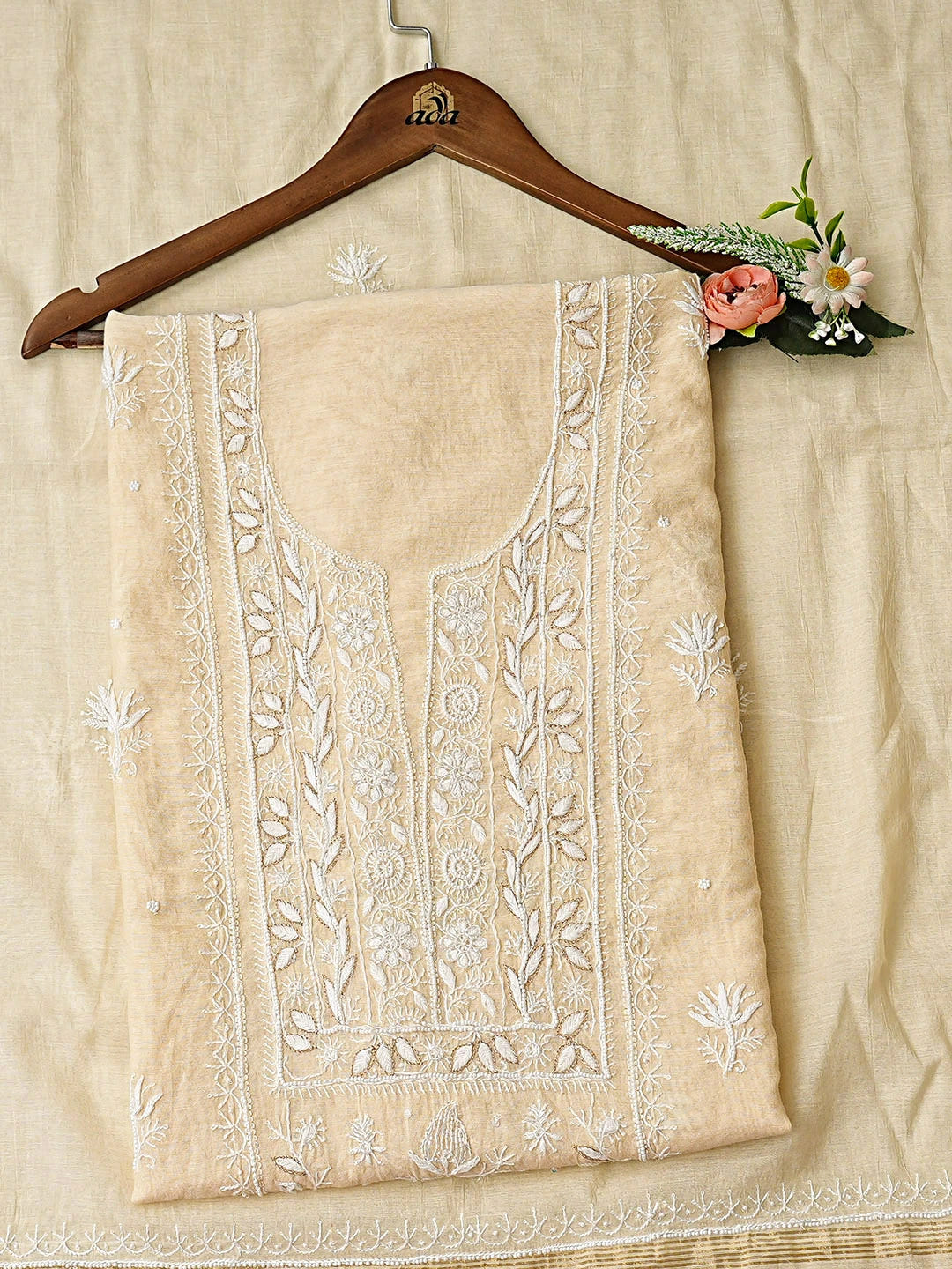 Ada Hand Embroidered Cream Chanderi Lucknowi Chikankari Unstitched Kurta Dupatta Set With Pearl Work 01A757009