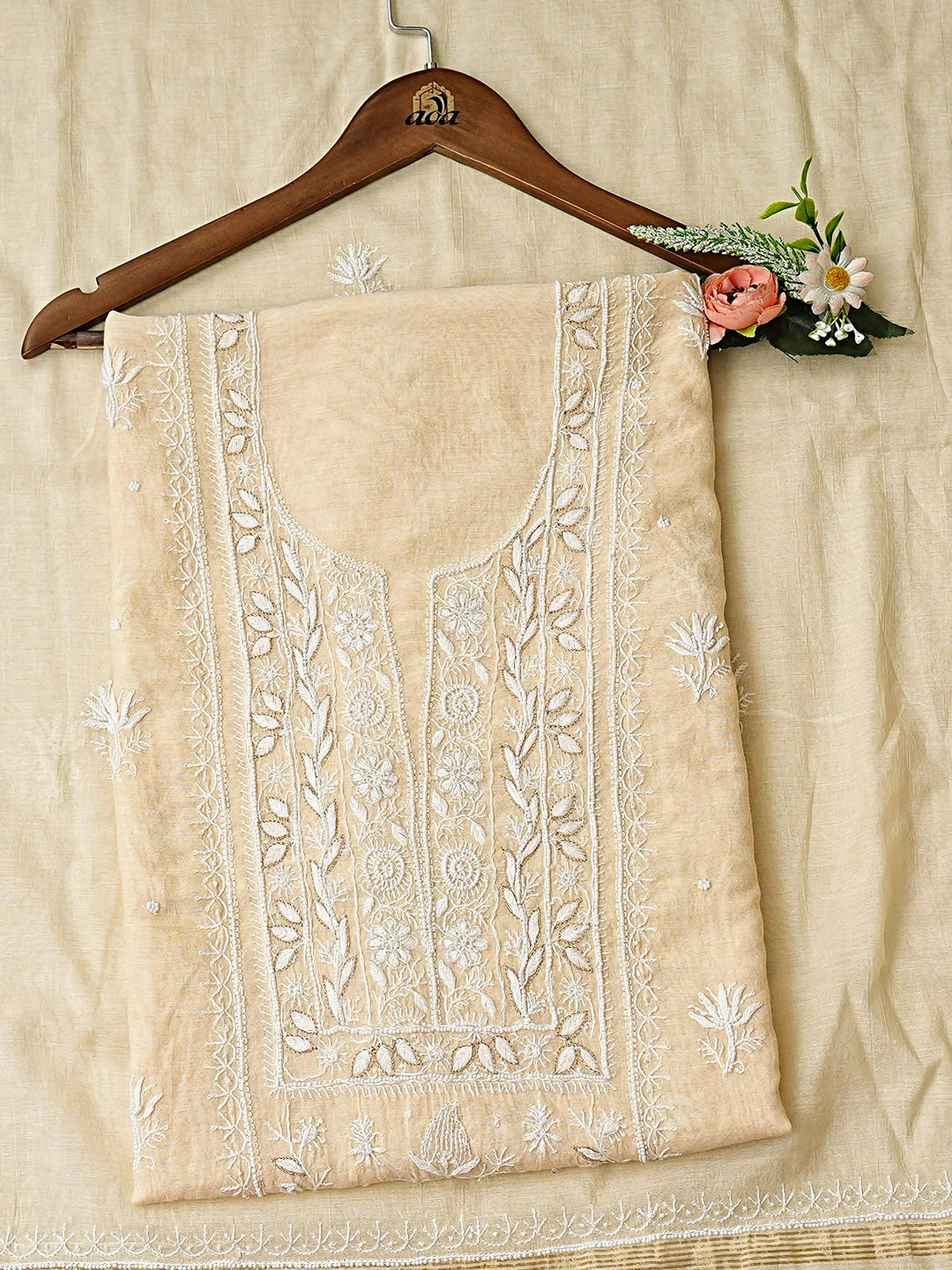 Ada Hand Embroidered Cream Chanderi Lucknowi Chikankari Unstitched Kurta Dupatta Set With Pearl Work 01A757009