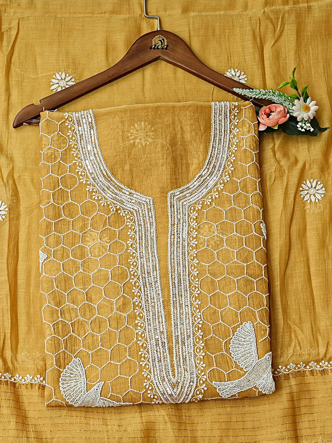 Ada Hand Embroidered Golden Pollen Chanderi Lucknowi Chikankari Unstitched Kurta Dupatta Set With Pearl Work 01A489081