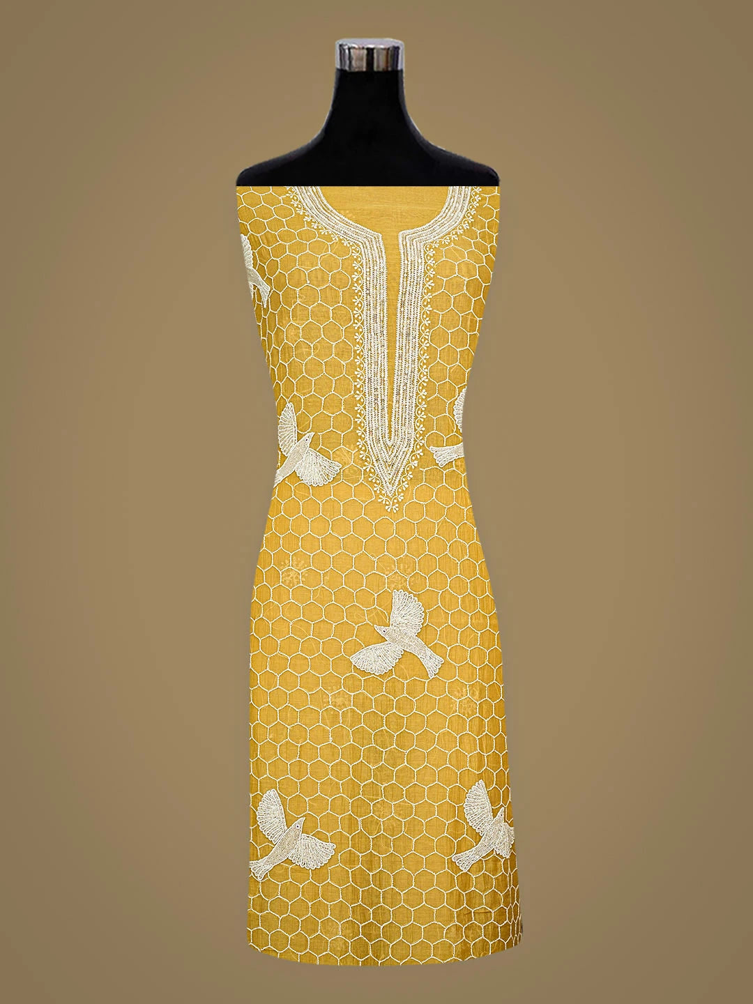 Ada Hand Embroidered Golden Pollen Chanderi Lucknowi Chikankari Unstitched Kurta Dupatta Set With Pearl Work 01A489081