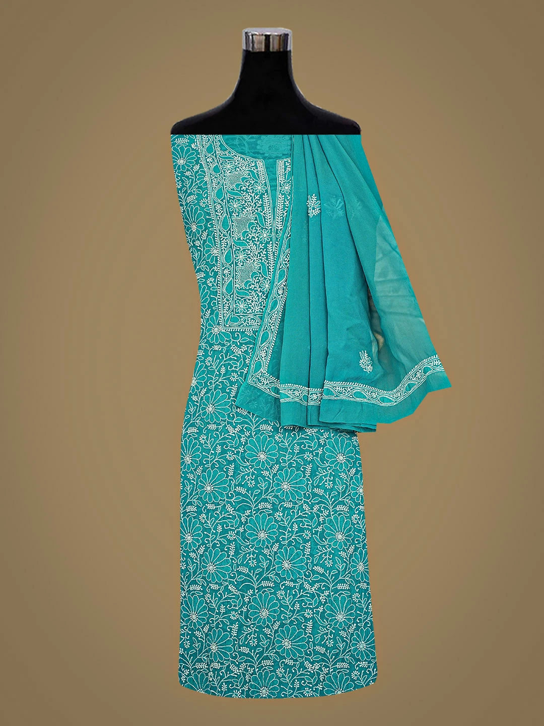 Ada Hand Embroidered Rama Green Pure Georgette Lucknowi Chikankari Unstitched Kurta Dupatta Set 01A900868