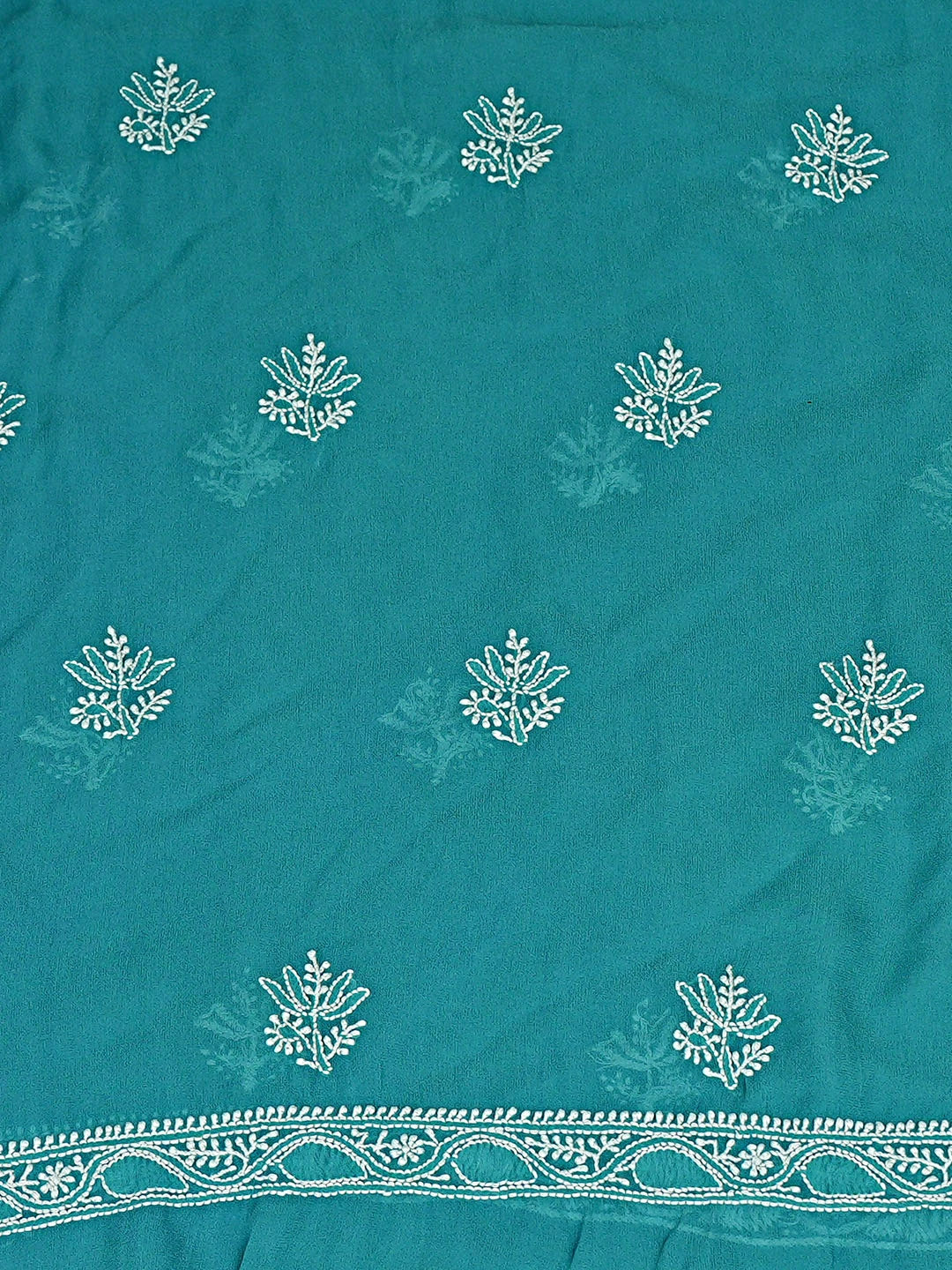Ada Hand Embroidered Rama Green Pure Georgette Lucknowi Chikankari Unstitched Kurta Dupatta Set 01A900868