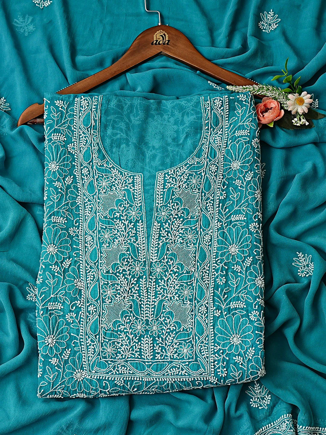 Ada Hand Embroidered Rama Green Pure Georgette Lucknowi Chikankari Unstitched Kurta Dupatta Set 01A900868
