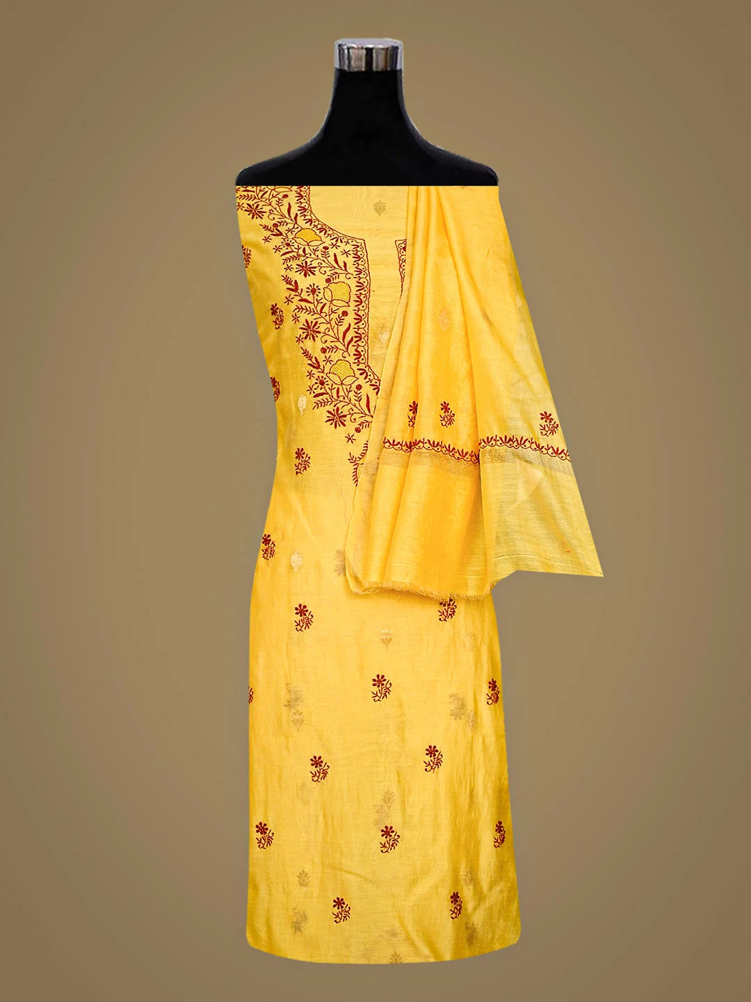 Ada Hand Embroidered Yellow Chanderi Lucknowi Chikankari Unstitched Kurta Dupatta Set 01A904294